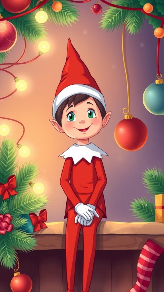 A cheerful Elf on the Shelf character in a red outfit, surrounded by Christmas decorations.